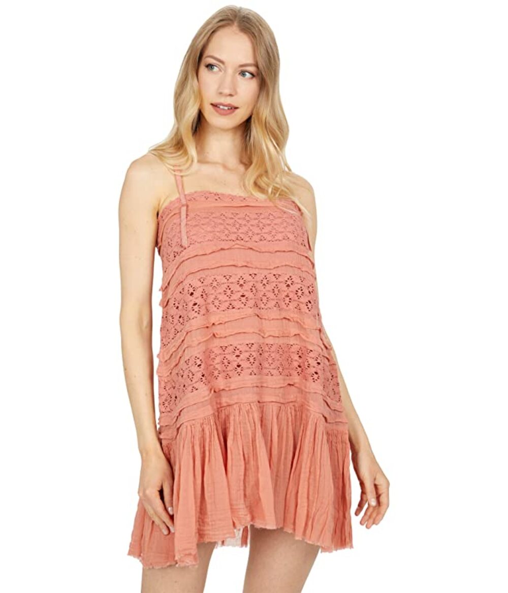 Free People One Shailee Coral Sleeveless Spaghetti Strap Crochet Lace Mini Dress